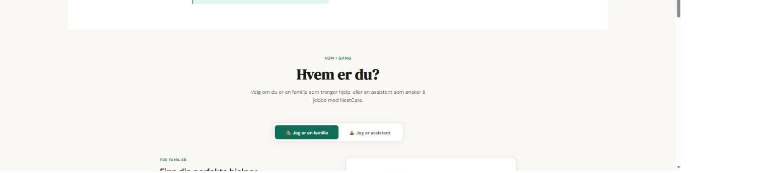 Registreringsvalg på forsiden: familie eller assistent