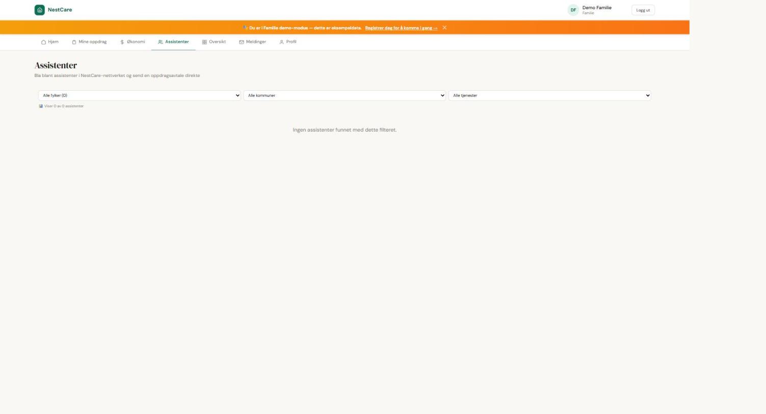 Assistenter-fanen med filter på fylke, kommune og tjeneste